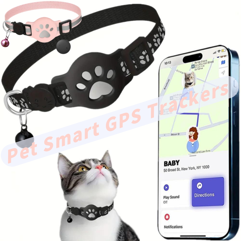 Pet Gps Tracker Collar - 迷子防止猫用首輪、取り外し可能なベル付き、足跡柄ナイロン製AirTagホルダー、AirTagスロット付き猫用首輪、ペットスマートGPSトラッカー