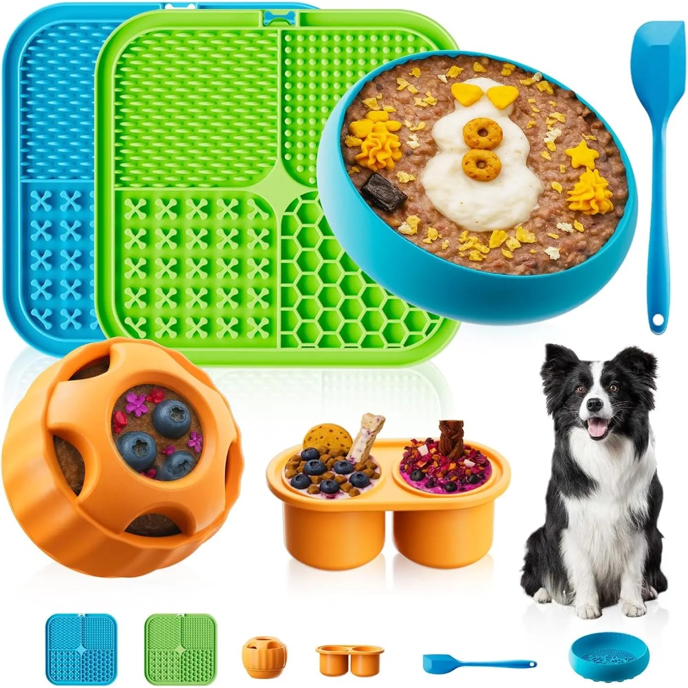 Dog Treat Puzzle Toy - 犬用知育玩具6個セット リックマット、パズルボール、ボウル付き ピーナッツバター、冷凍おやつ用 不安軽減、退屈解消 犬用おもちゃ