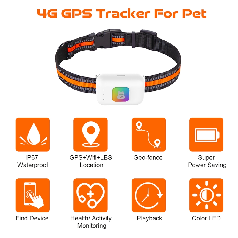 Pet Gps Tracker Collar - カラフルなLEDフラッシュ付きGPSペットトラッカー、4Gスマートペットカラー、IP67防水ペット歩数計、カロリー健康データトラッカー